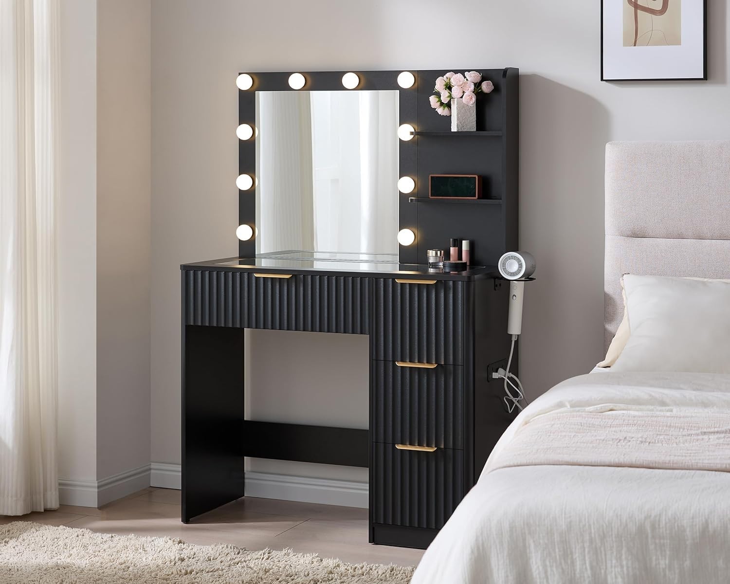 36.2" Fluted Vanity Desk with Mirror and Adjustable LED Lights 4 Drawers Makeup gallery