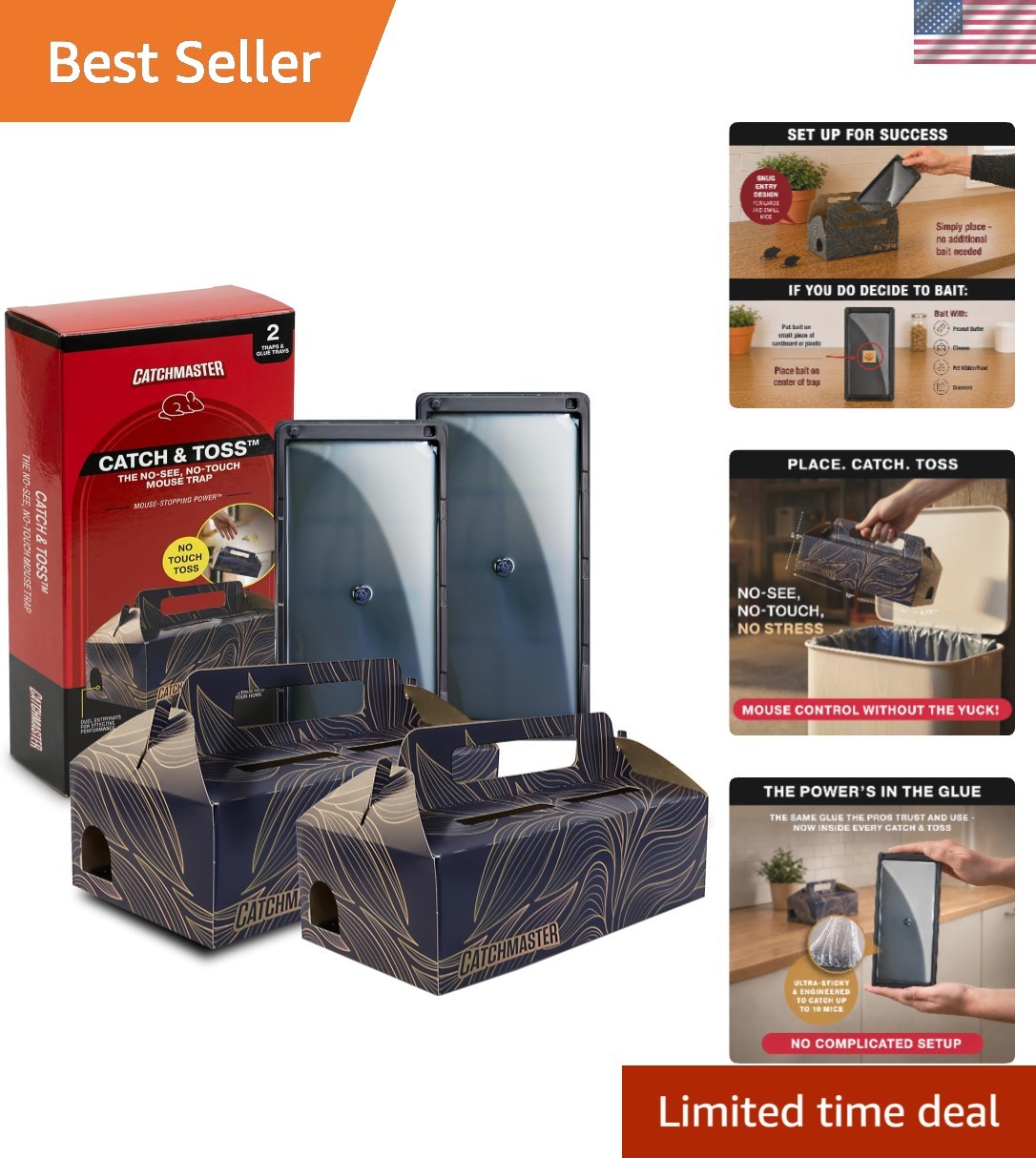 Catch & Toss Pet-Safe Mouse Glue Traps - No-Touch Design, 2 Count for Indoor Use gallery