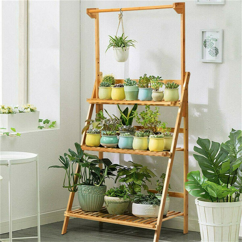 3 Tier Foldable Bamboo Ladder Plant Stand Flower Storage Shelving Hanging Rack gallery