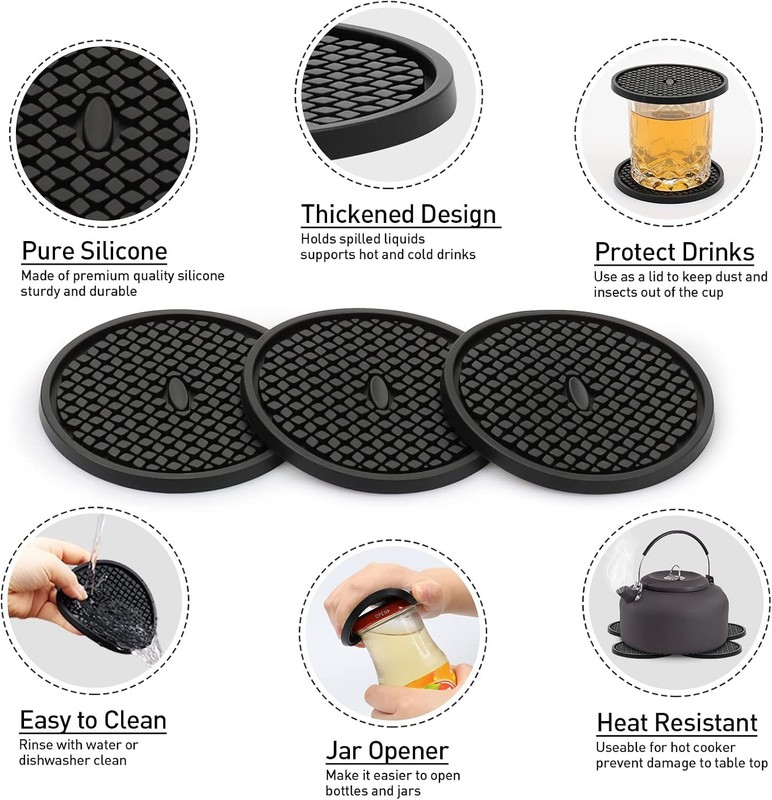 3Pack Silicone Coasters for Drinks,Thickened Black Coaster with Deep TrayGrooved gallery