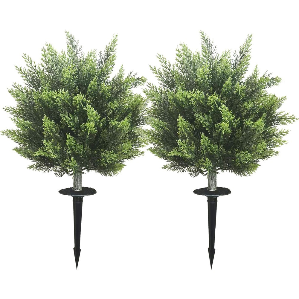 2 Pack Artificial Round Cedar Topiary Ground Stake Fake Cypress Outdoor Garden