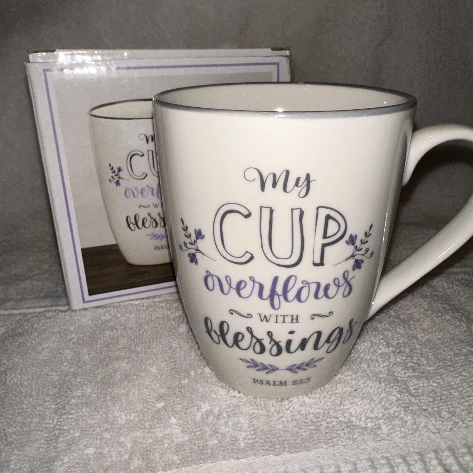 Overflows With Blessings Psalm 23:5 Ceramic Christian Coffee Mug New in box gallery