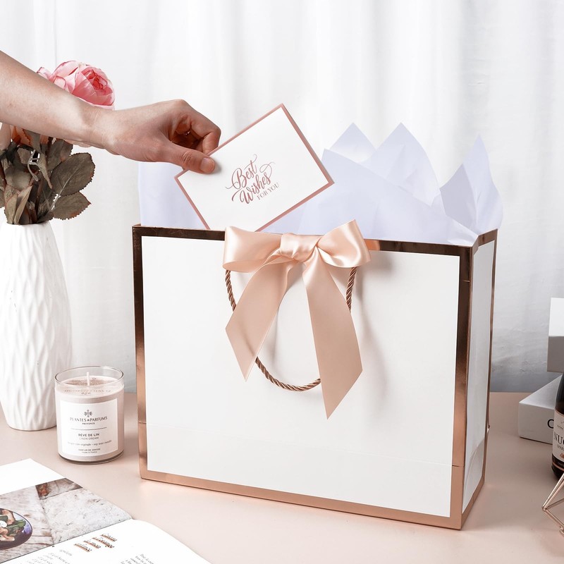 13" Medium Gift Bag with 1 Count (Pack of 1), I-white rose gold gallery