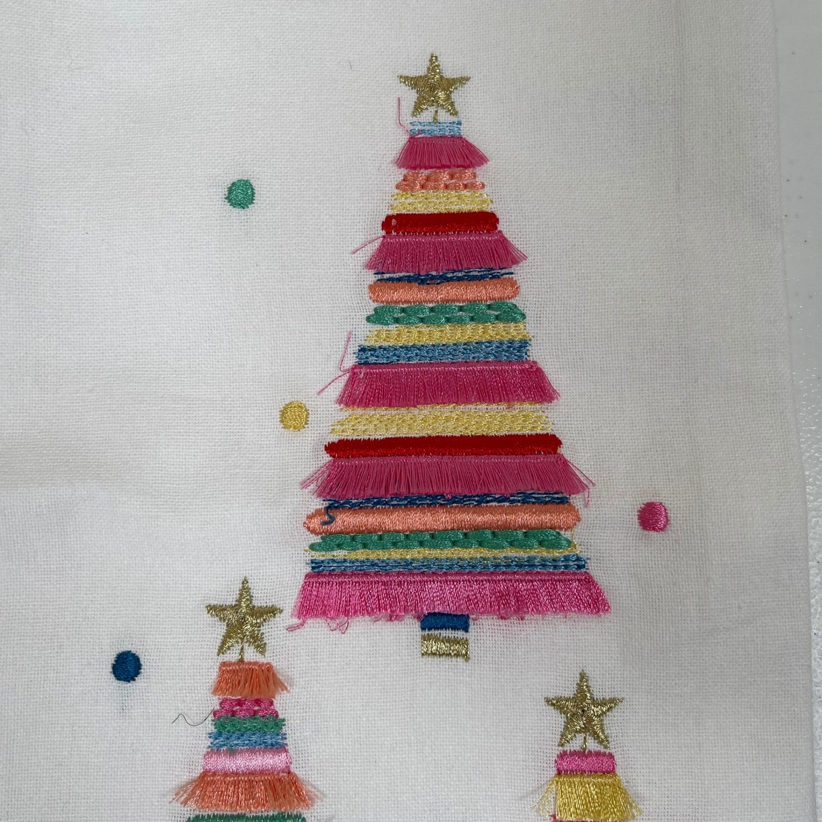 World Market Rainbow Christmas Trees Embroidered Fringe Kitchen Towel White NWT gallery