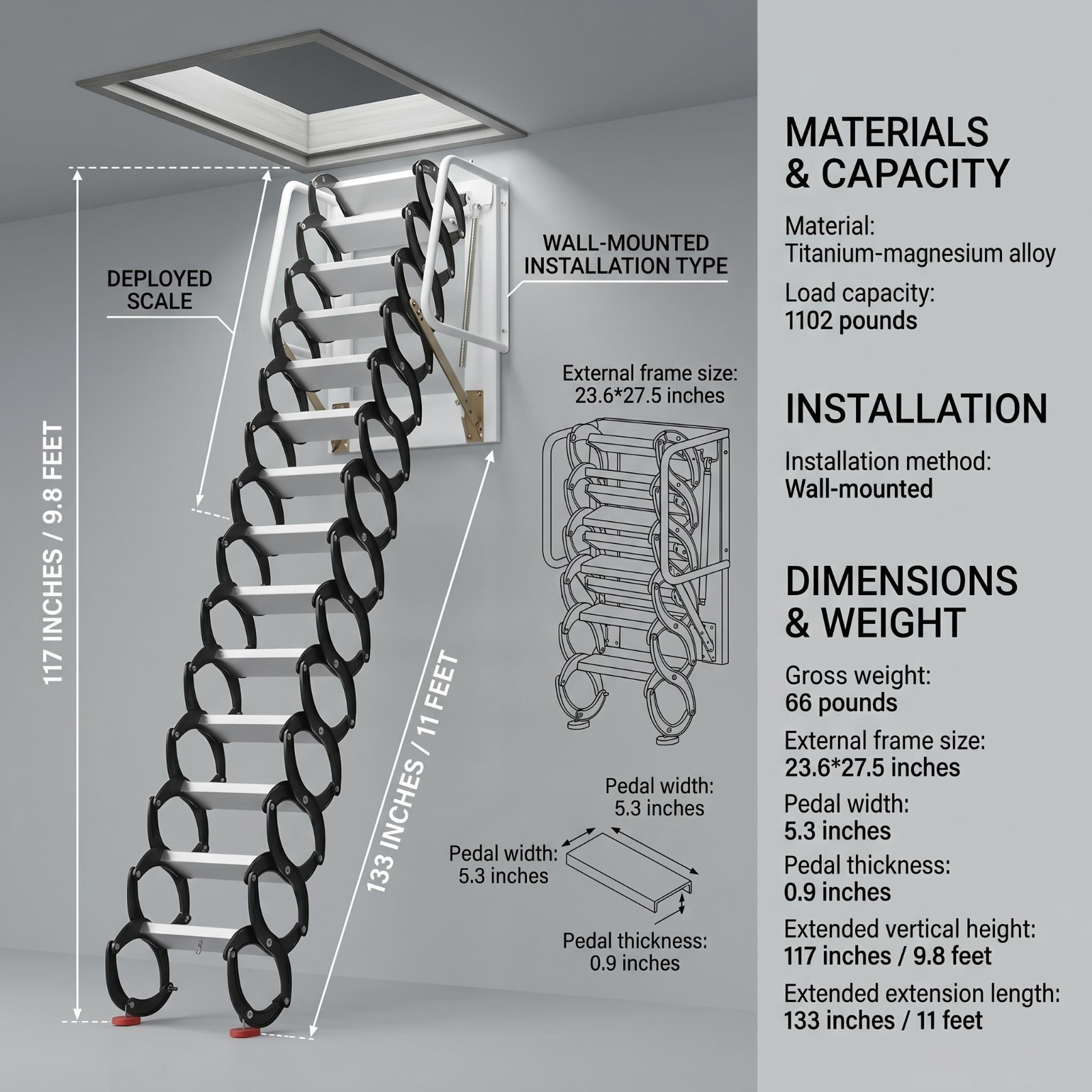 12 Steps Wall Mounted Folding Ladder Loft Stairs White Attic Steps Pull Down gallery