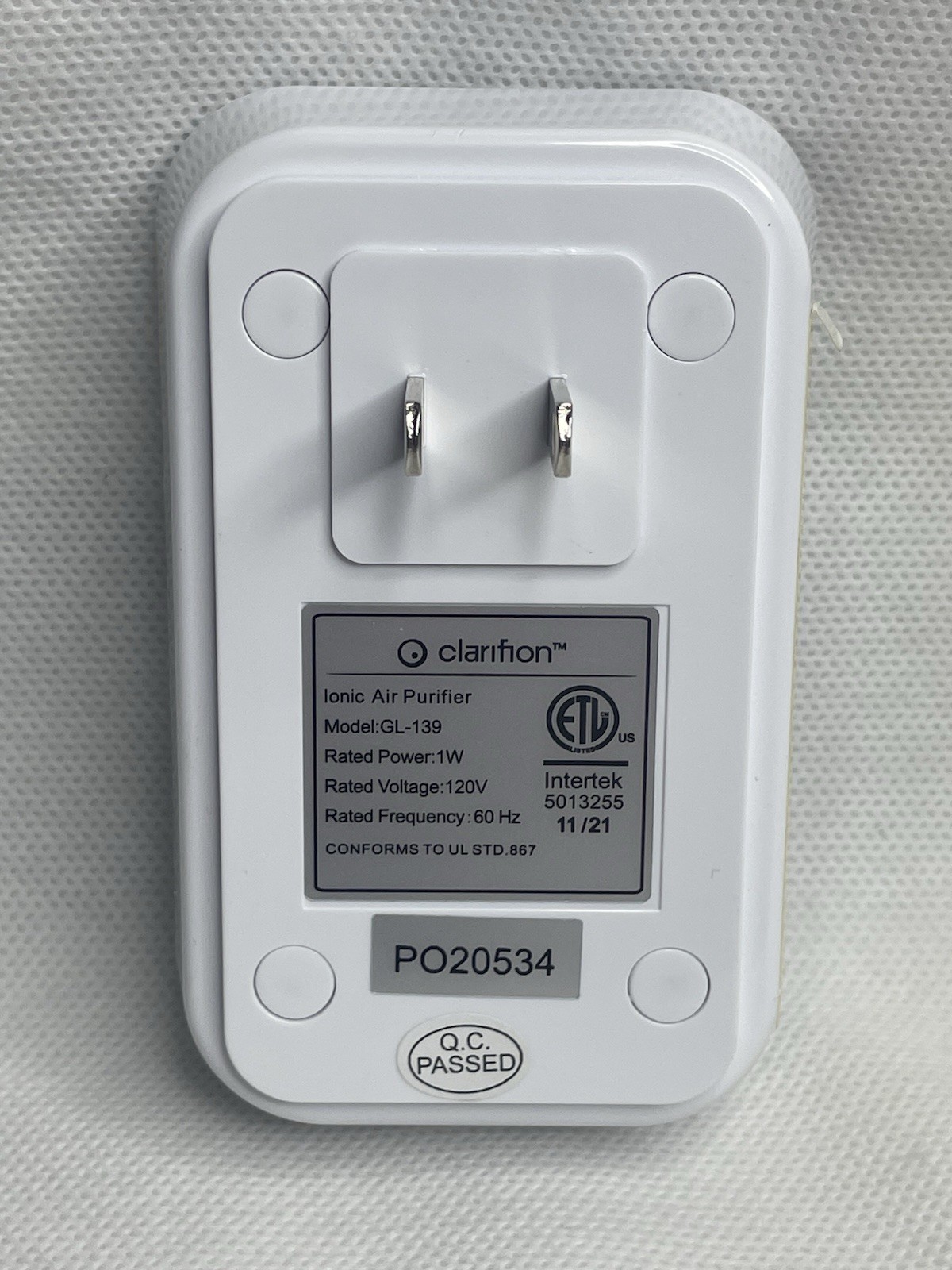 Clarifion GL-139 Negative ION Generator Ionic Air Purifier Ionizer 120V White gallery