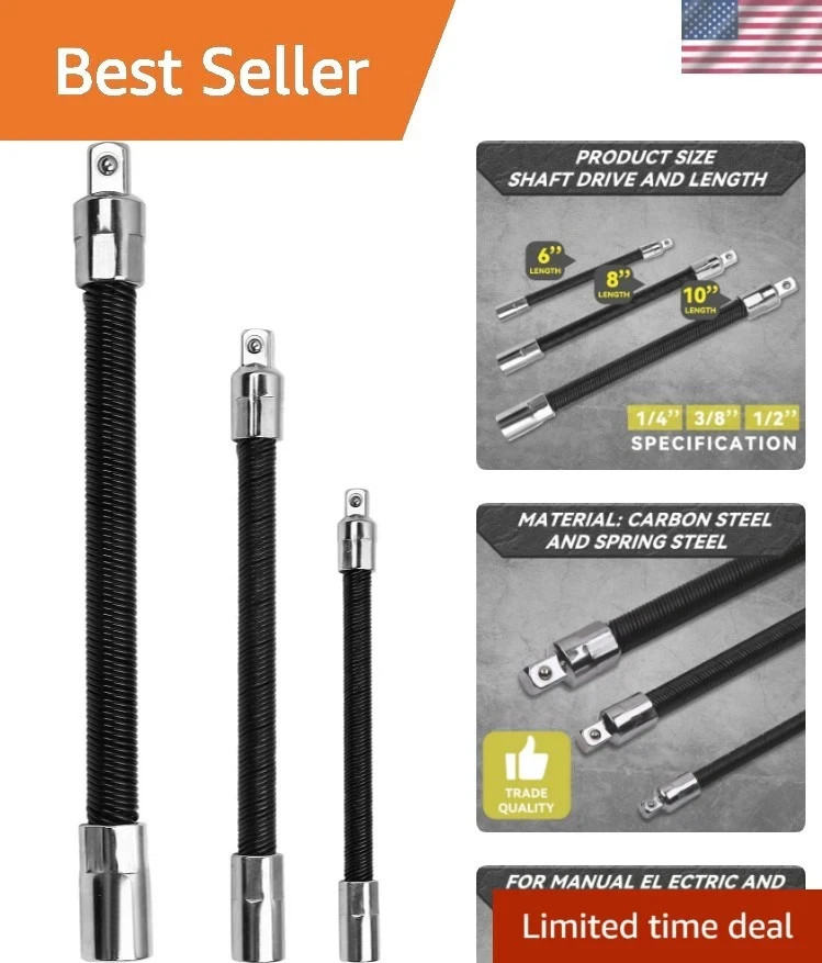 3-Piece Flexible Socket Extension Bar Set 1/2" 1/4" 3/8" Shaft Drive 10" 8" 6" gallery