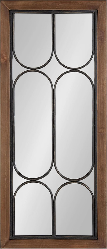 Walnut Brown Rectangle Wall Mirror with Geometric Iron Overlay, 13x30 Inches gallery