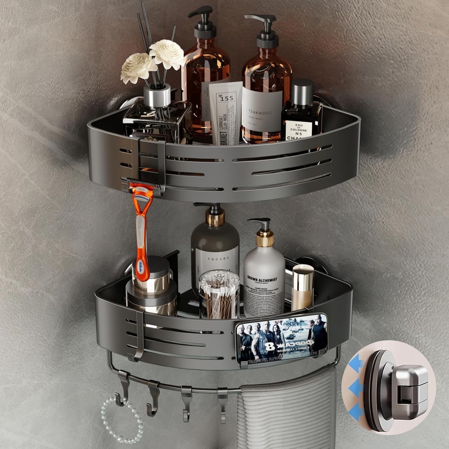 Aluminum Corner Shower Caddy Suction Cup, 2-Tier Shower Shelves with 8 Hooks gallery