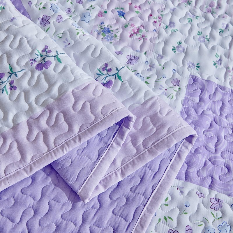 Patchwork Quilt Set King Size,3 Pieces Purple White Pink Floral Plaid Reversi... gallery