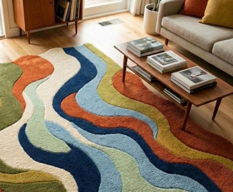 Modern Abstract Wave Rug Irregular Shape Navy Rust Sage Green Large Living Room gallery
