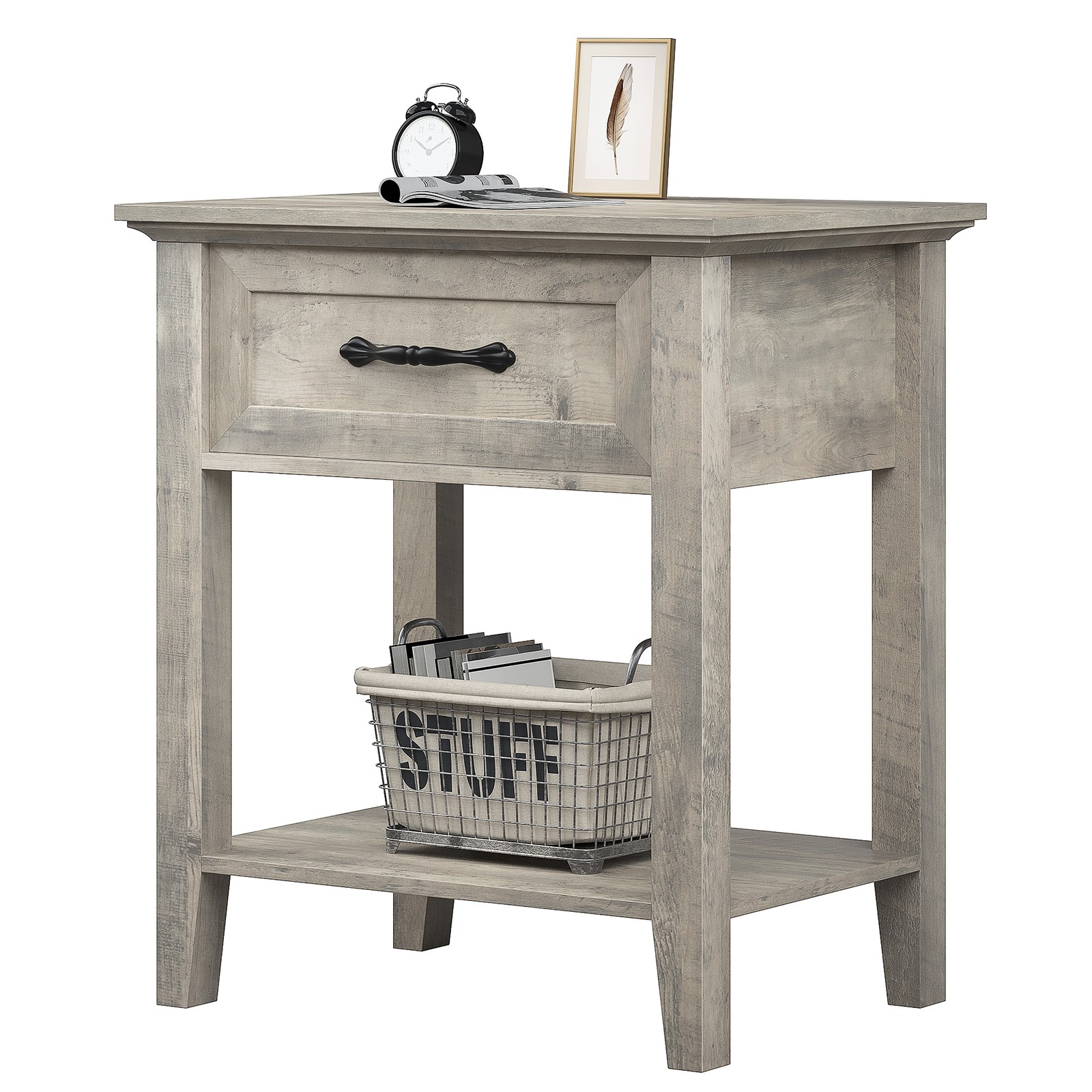Rustic Grey Nightstand With A Storage Drawer And Shelves Wooden Side Table New gallery