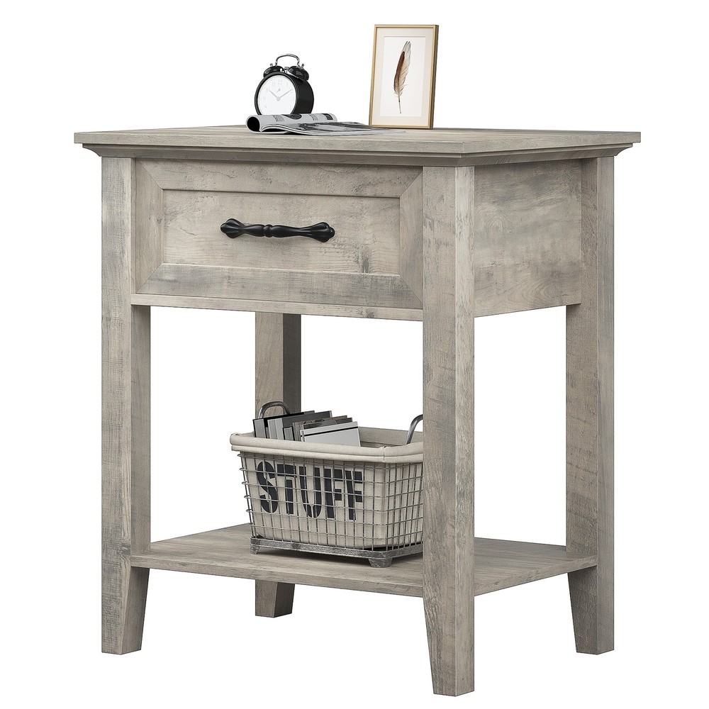 Rustic Grey Nightstand With A Storage Drawer And Shelves Wooden Side Table New