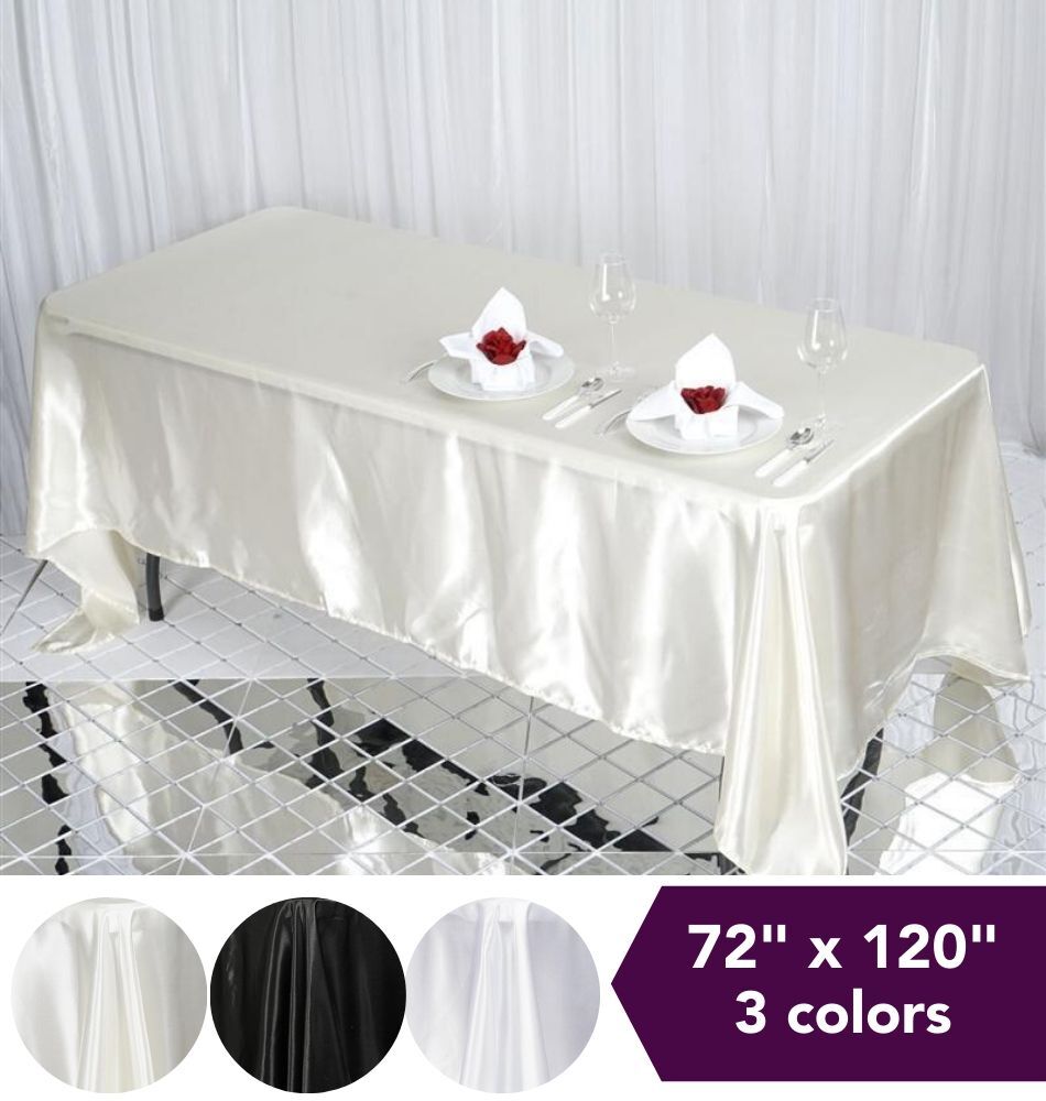 72x120" Satin Rectangular Tablecloth for Weddings Trade Show Booth Decorations gallery