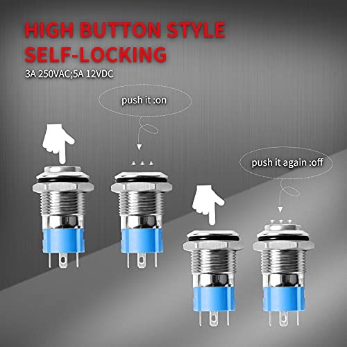 12mm Latching Push Button Switch 12V LED Blue Waterproof ON Off Silver gallery