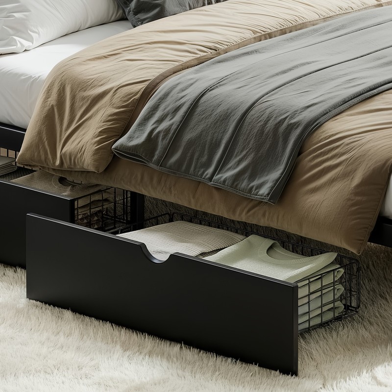 Queen Size Metal MDF Platform Bed Frame Daybed Slatted W/ Storage Drawers Black gallery