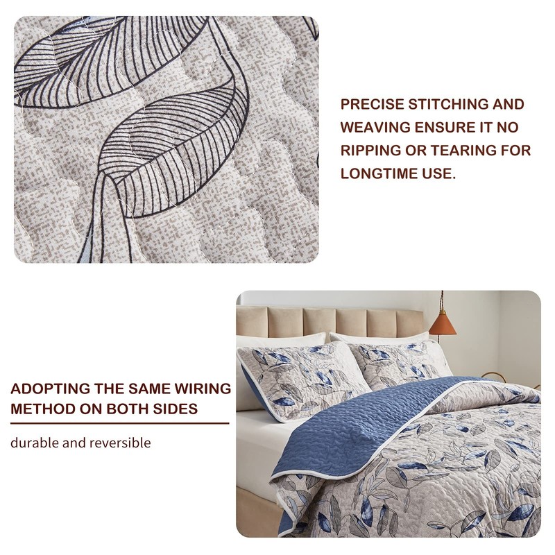 King Microfiber Quilt Set, Reversible Botanical Blue Leaves, 3-Piece Bedspread gallery