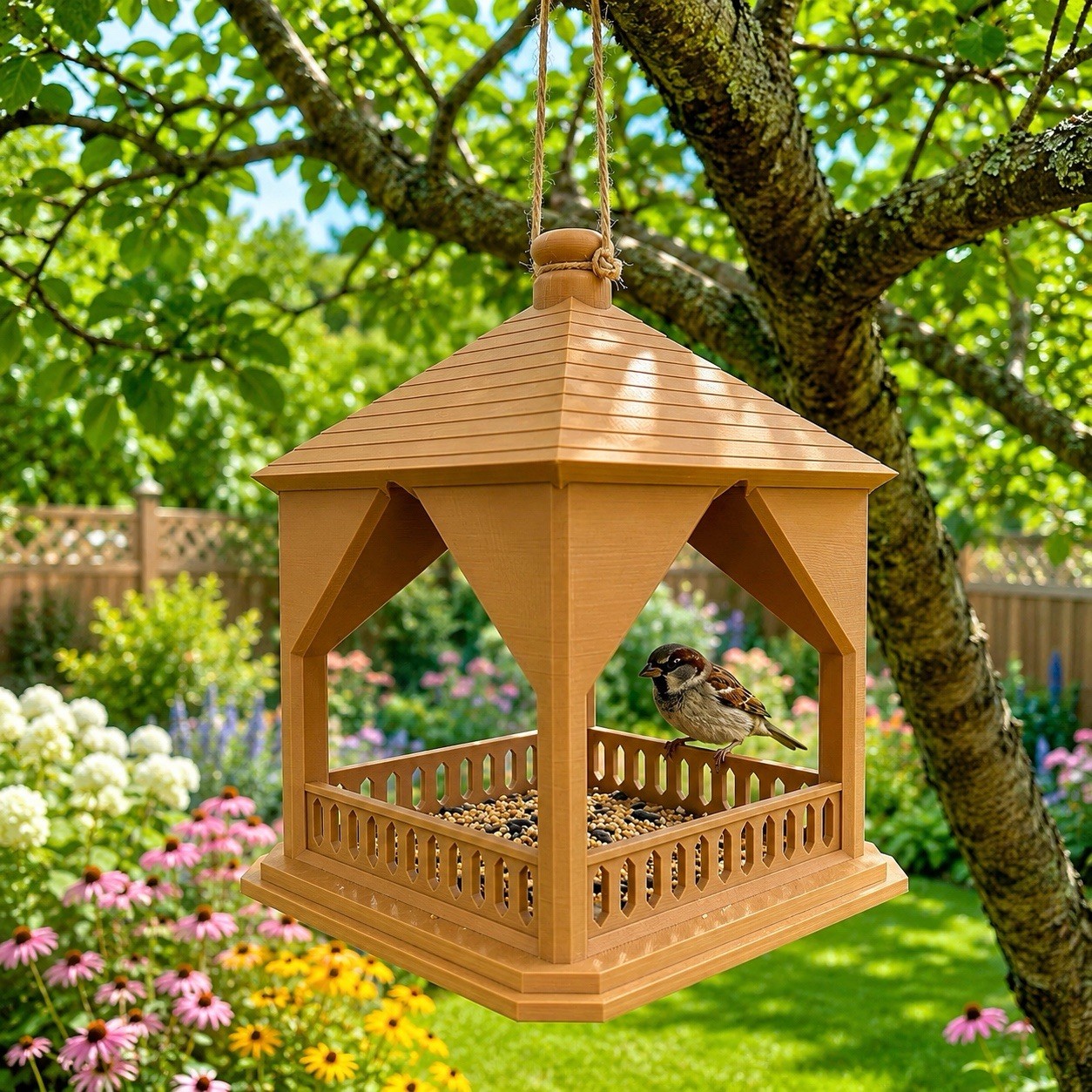 Rustic Hanging Bird Feeder Gazebo Style Outdoor Bird Seed Tray Garden Decor gallery