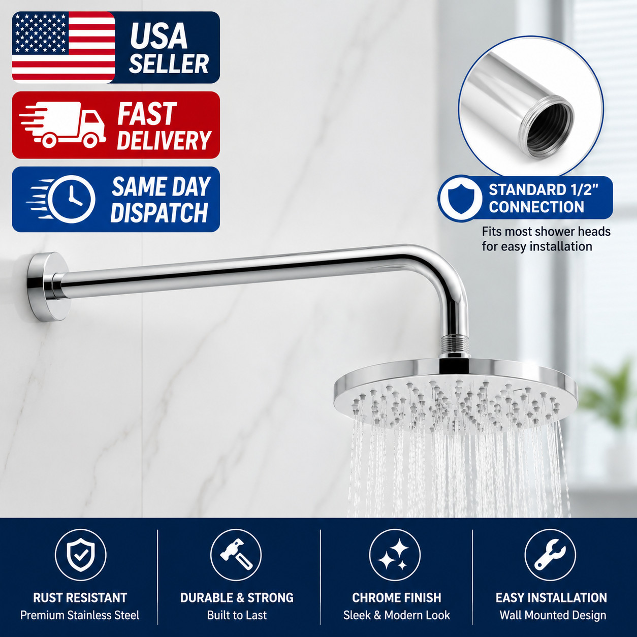 16 Inch All Metal Shower Extension Arm - Extra Long With Flange Wall Mounted gallery