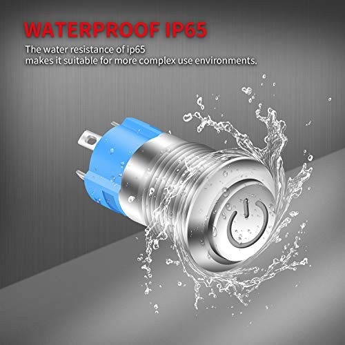 12mm Latching Push Button Switch 12V LED Blue Waterproof ON Off Silver gallery