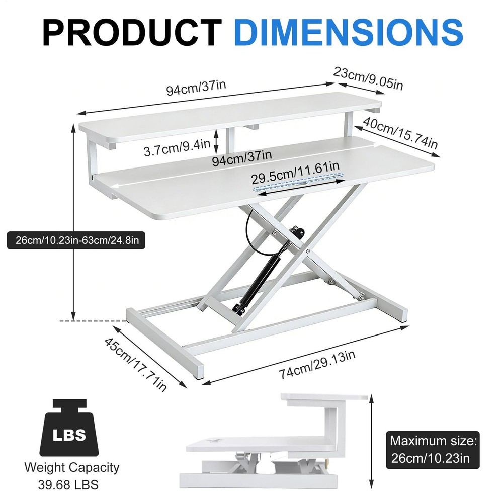 Height Adjustable Standing Desk Riser 37" Sit to Stand Converter Workstation