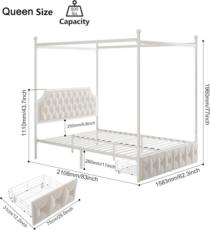 Queen Upholstered Canopy Bed Frame with 2 Drawers and Button Tufted Headboard... gallery