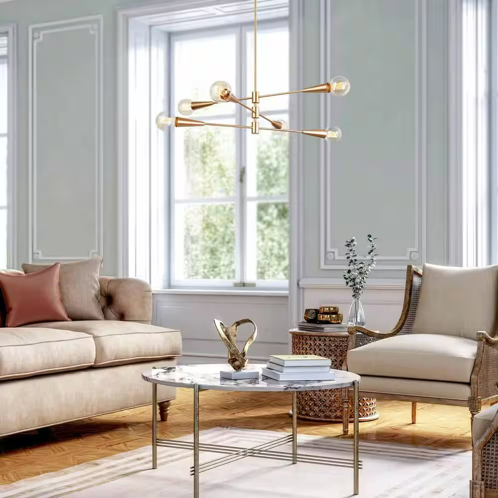 UOLFIN 6-Light Modern 31 in. Brass Gold Sputnik Tiered Pendant Chandelier gallery