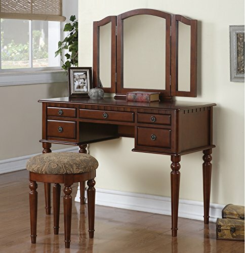 Cherry 3 pc Vanity Set Tri Mirror Wooden Table Stool Makeup Drawer Bedroom Desk gallery