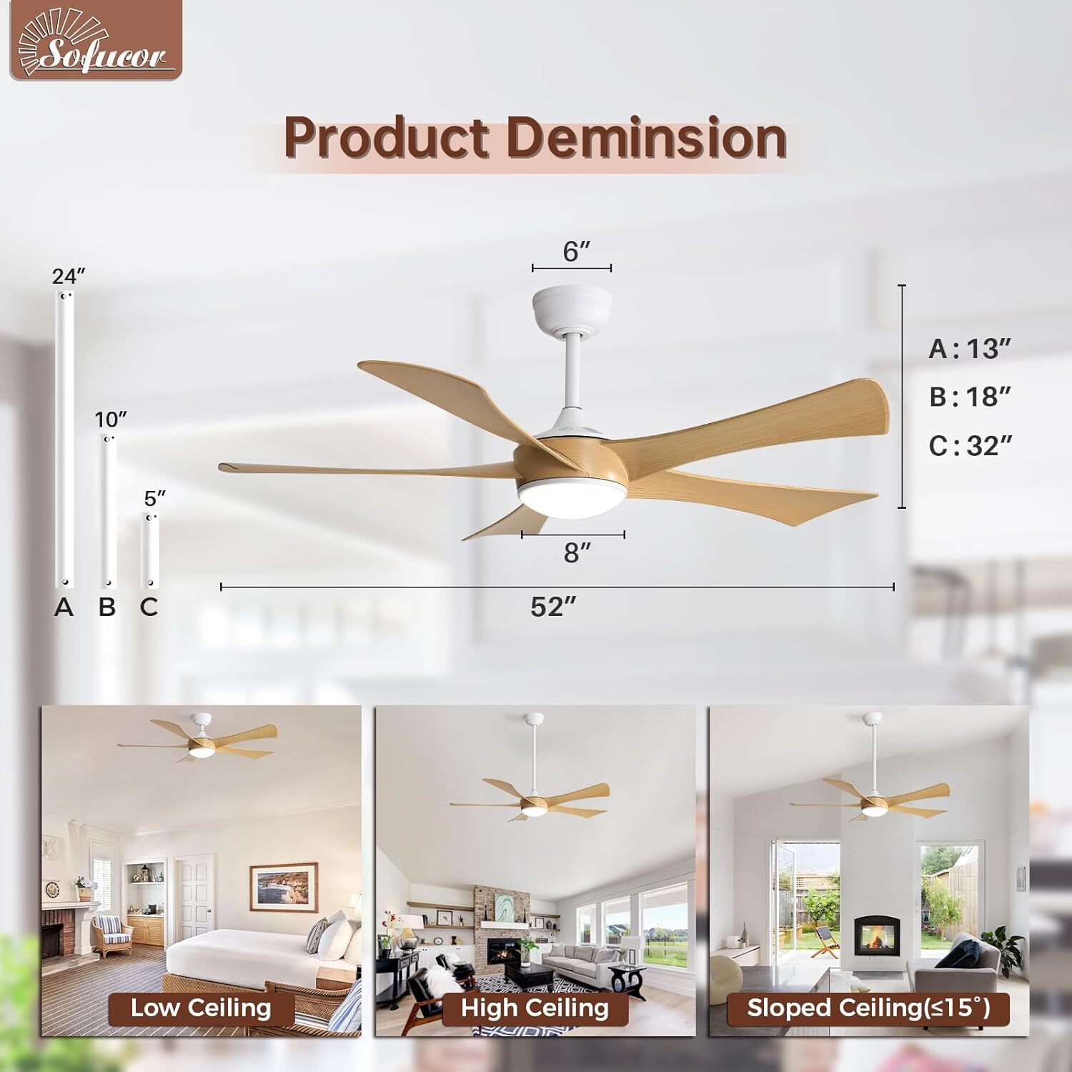 52 Inch Low Profile Ceiling Fan with Light and Remote Reversible Adjustable Rods gallery