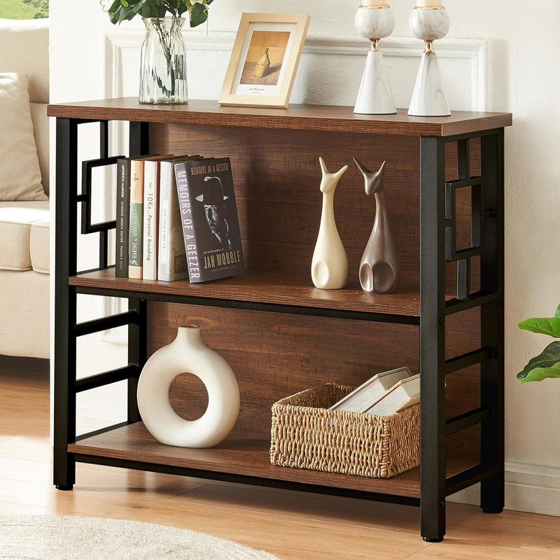 3 Tier Bookshelf Rustic Brown Engineered Wood Metal Storage Bookcase Low gallery