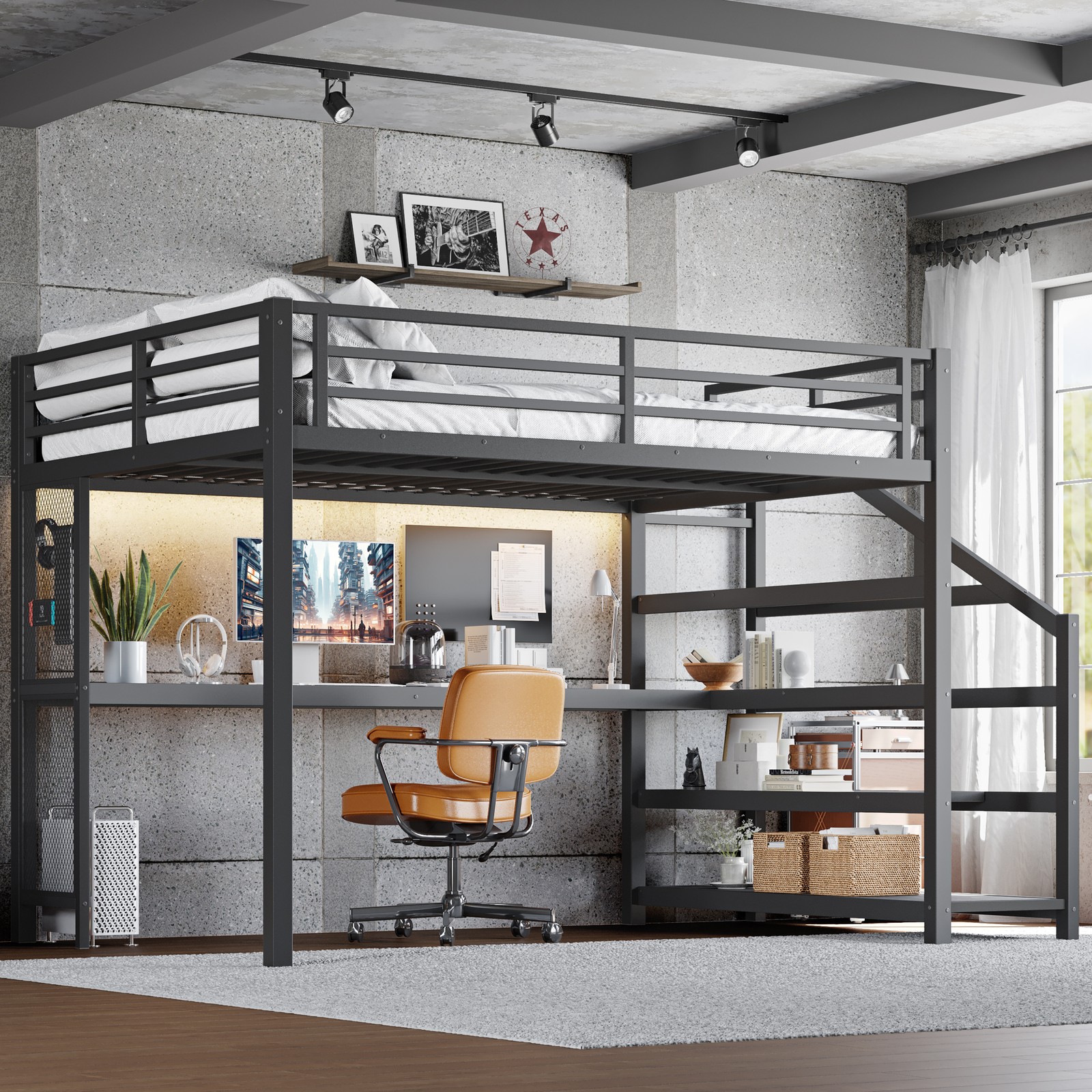Queen Loft Bed with Desk and Storage Stairs, Metal Loft Beds with LED Lights gallery