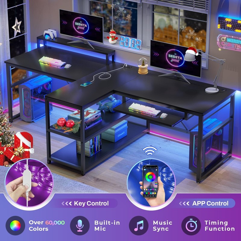 Home Office Work Table Black Computer Desk Two Person Gaming Desk with LED Light gallery