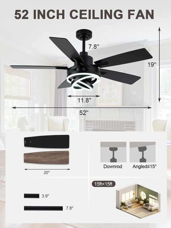 52" Modern Black Ceiling Fan with Light & Remote for Home & Office gallery