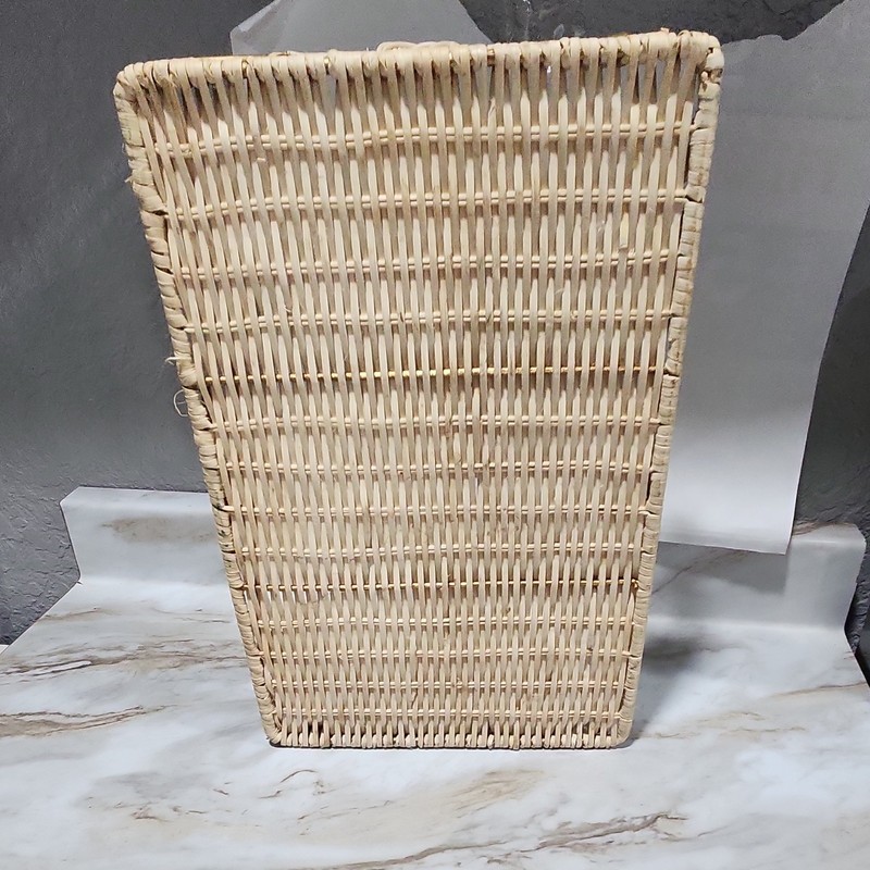 Woven Wicker Serving Tray Rectangle Metal Scroll Handles Beige Gold Large partie gallery
