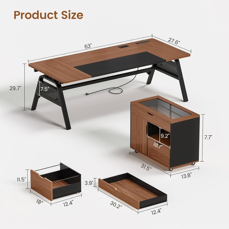 L Shaped Computer Desk with Mobile File Cabinet Executive Desk w/Storage Drawers gallery