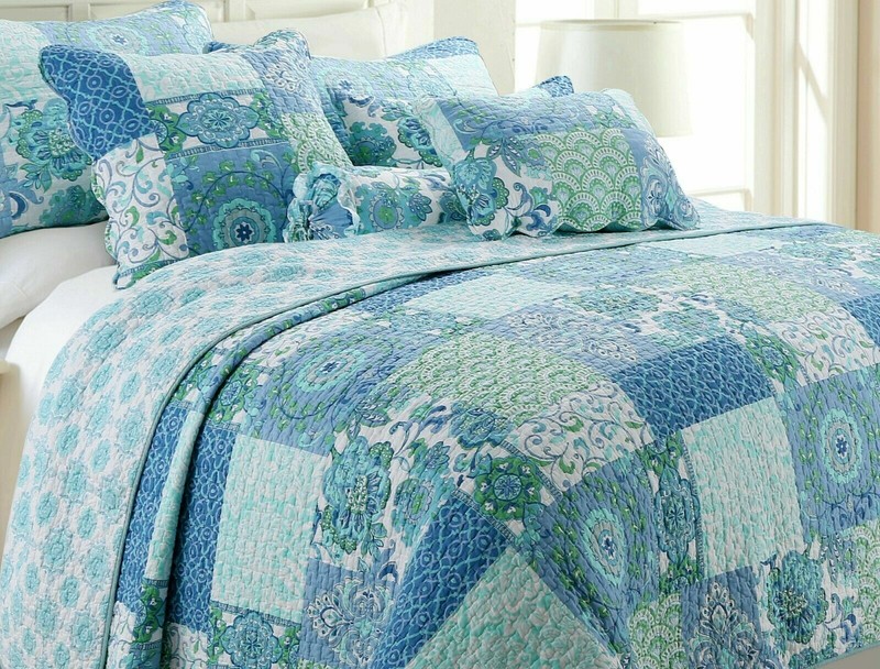 NEW! ~ COZY COTTAGE BEACH CHIC LIGHT BLUE AQUA TEAL GREEN PATCHWORK QUILT SET gallery