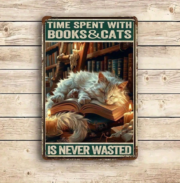 Vintage "Time Spent With Books & Cats" Tin Sign for Library home Decor gallery