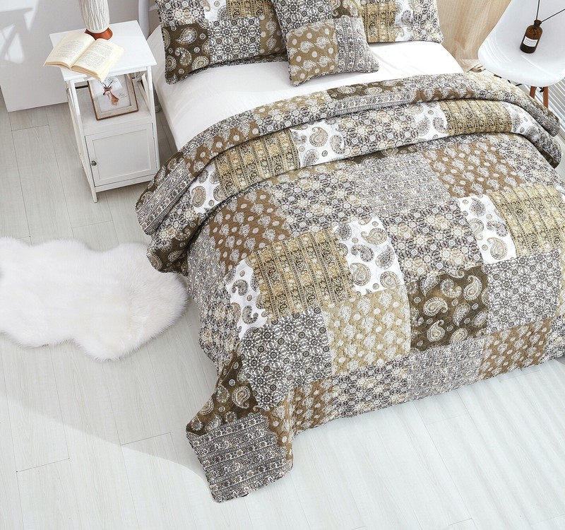 DaDa Bedding Bohemian Patchwork Paisley Floral Olive Green Brown Bedspread Set gallery