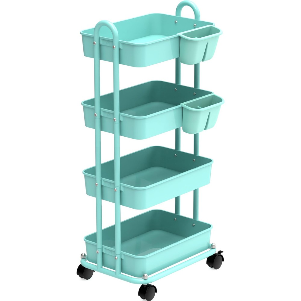 4-Tier Multifunctional Rolling Utility Cart with Hanging Buckets, Turquoise