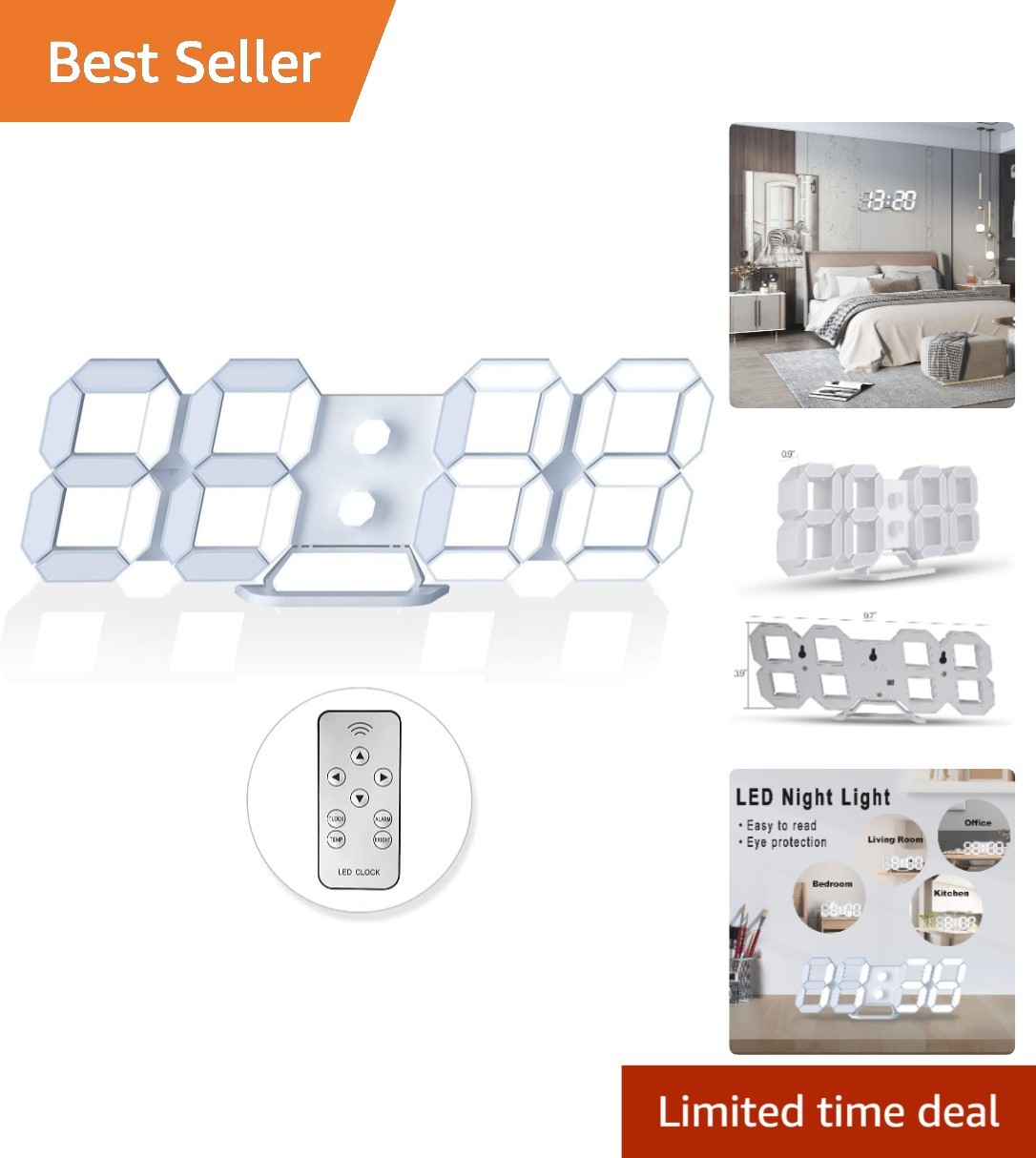 Elegant 3D LED Digital Wall Clock with Remote - Adjustable Brightness 9.7" gallery