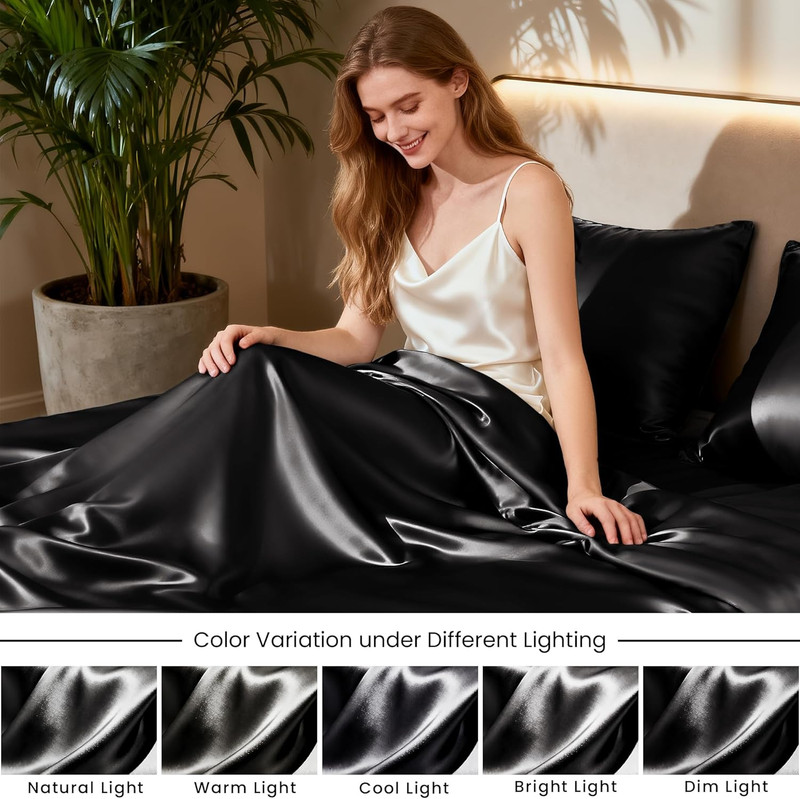 Satin Queen Sheets Set - 4 Piece Black Silky Bed Sheets Set with Deep Pocket, Lu gallery