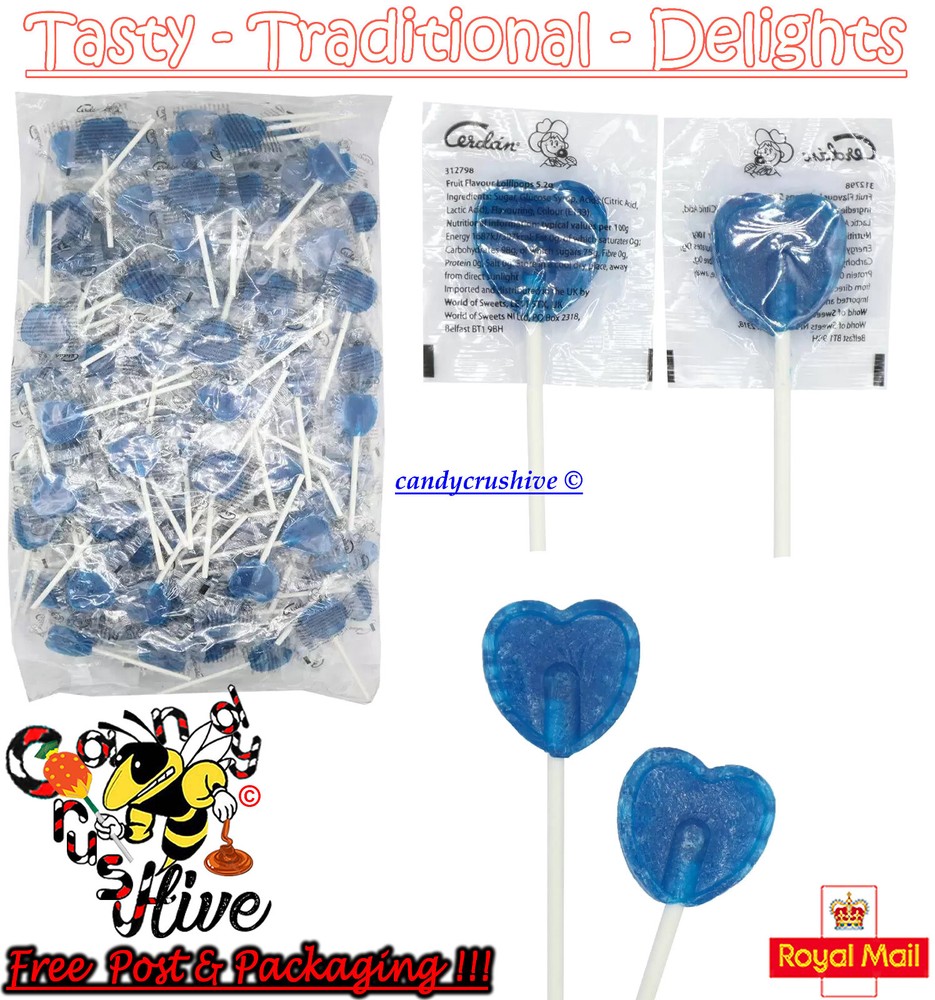 10 - 100 Blue Raspberry Heart Shaped Lollies Valentines Party Bag Fillers Weddin