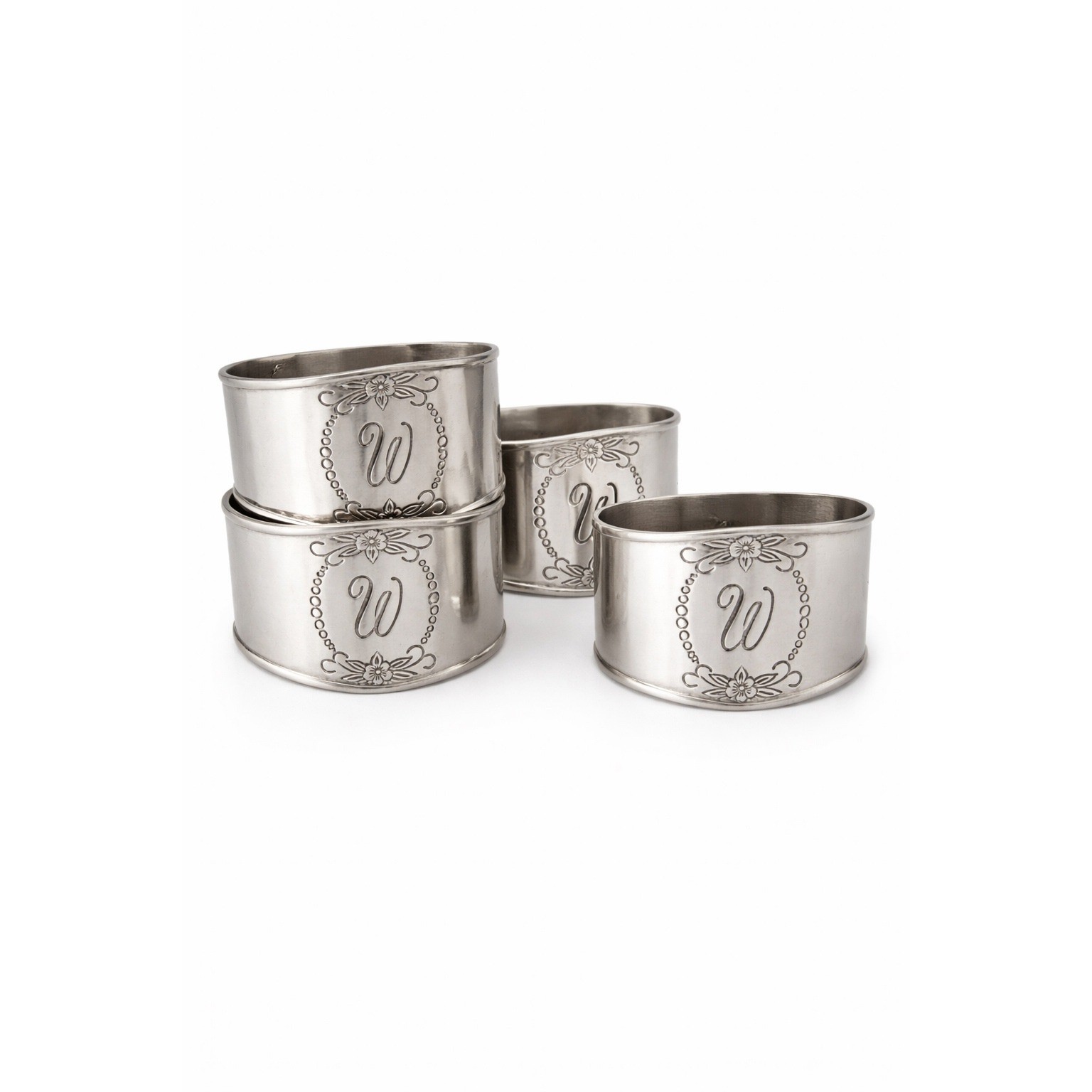 Customcraft Napkin Rings Set 4 Stainless Floral Monogram W Vintage gallery