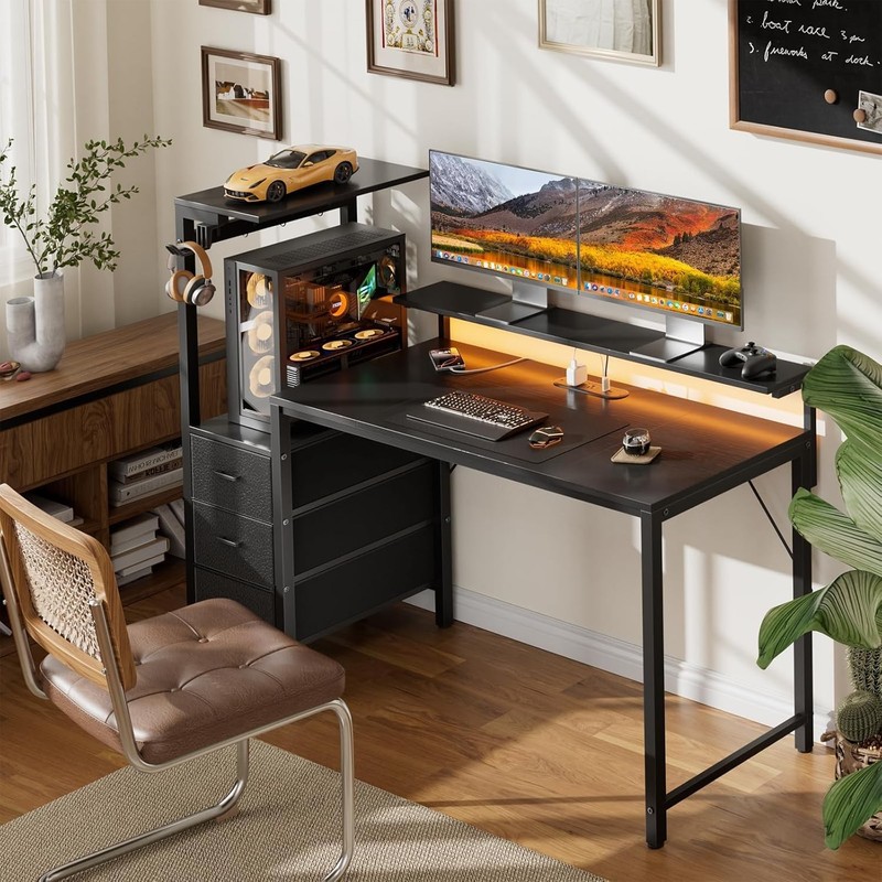 Gaming Computer Desk with Led Lights & Outlets, Gamer Desk with 3 Drawers gallery