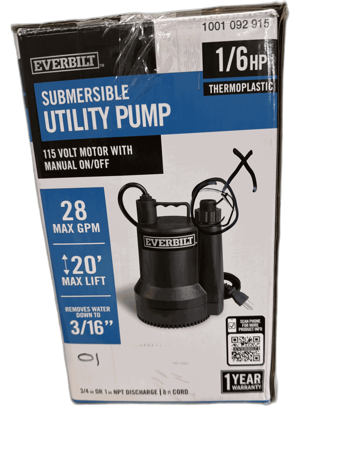 Everbilt 1/6 HP Plastic Submersible Utility Pump MISSING gallery