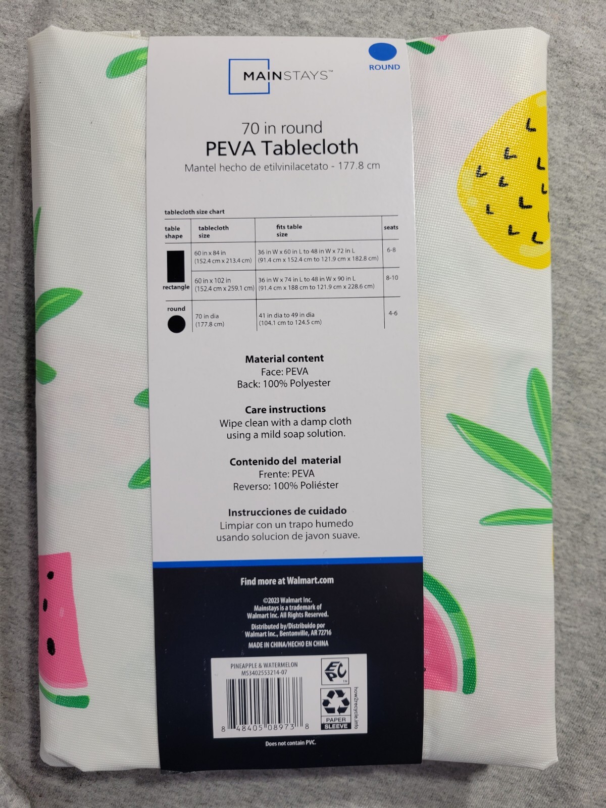 Mainstays Pineapple & Watermelon Fruit Peva Vinyl Tablecloth Round 70" Diameter gallery