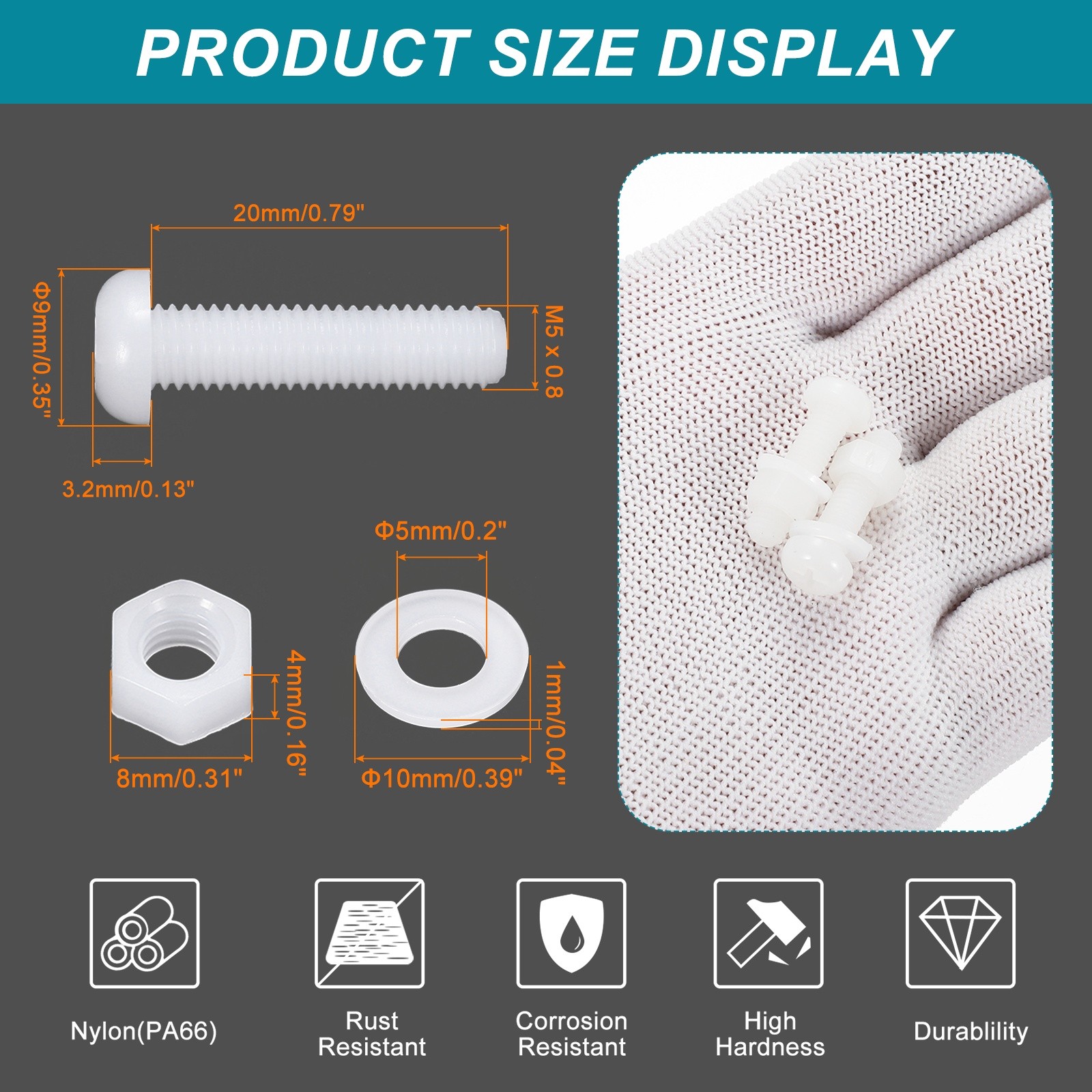 25 Set M5x20mm Nylon Round Head Bolts Hex Nuts Washer Combination Kit, White gallery