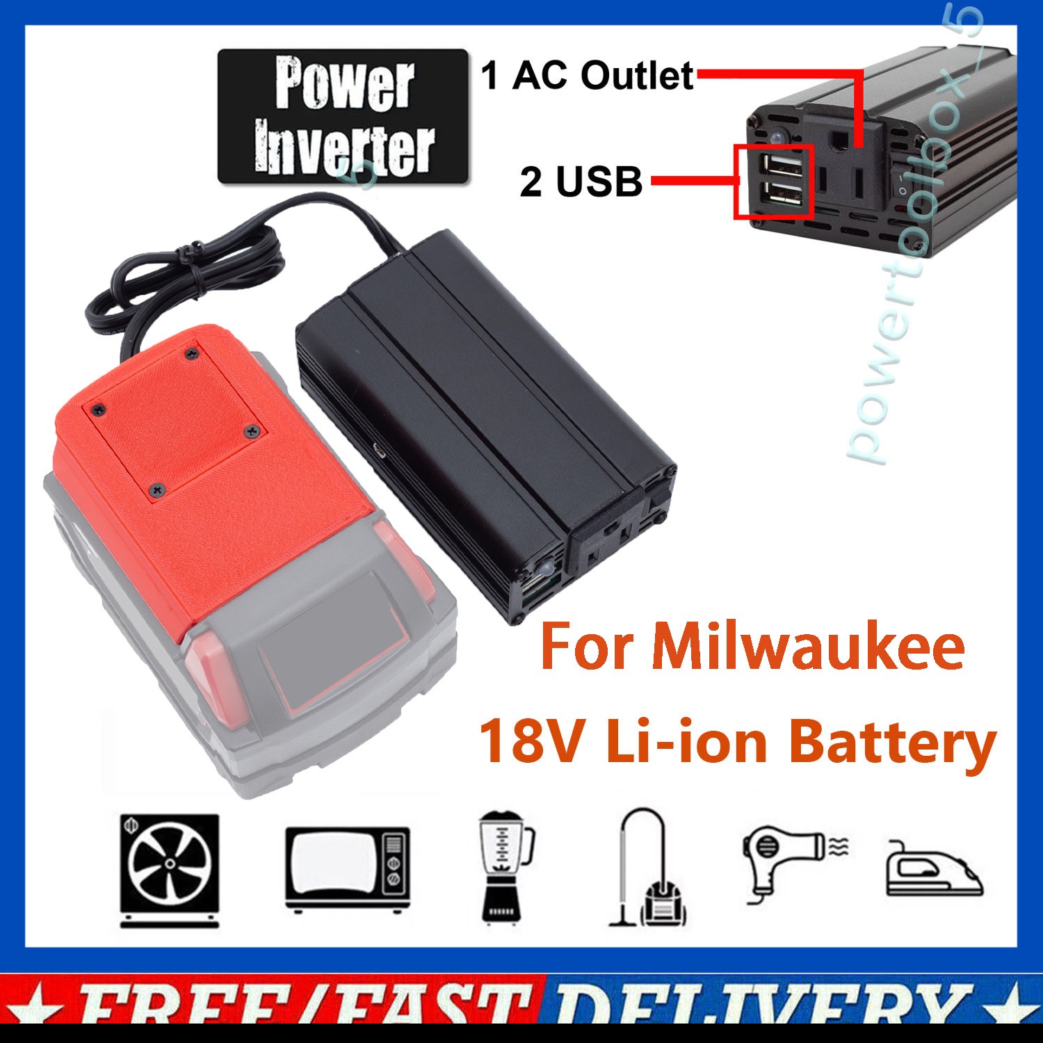 Compatible with Milwaukee 18V Battery to 110V AC Power Inverter Outlet Adapter gallery