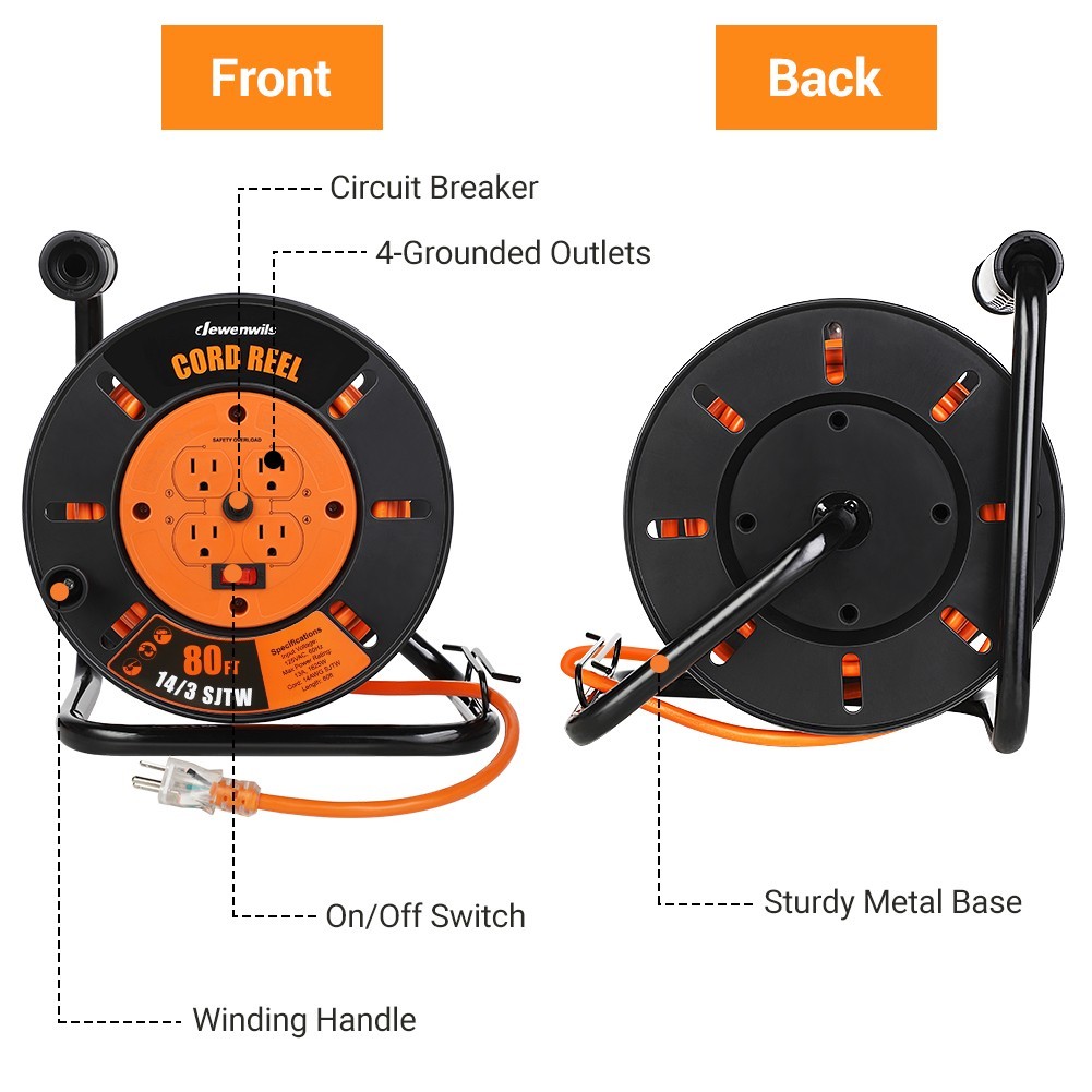 DEWENWILS Retractable Power Cord Reel with 4 Plugs, 13A Circuit Breaker, Metal gallery