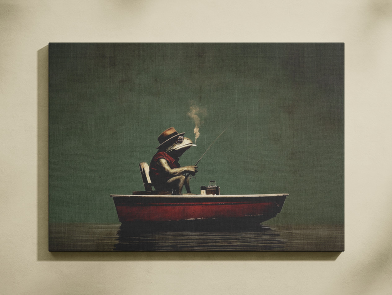 Whimsical Frog Fishing Poster & Canvas Surreal Vintage Rustic Lake House Decor gallery